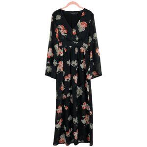 MINKPINK Black Floral V-Neck Long Sheer Sleeve Maxi Dress size XS